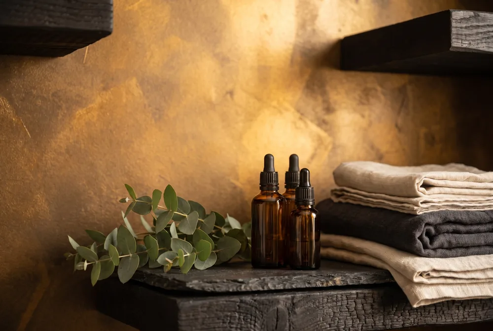 Amber oil bottles, eucalyptus and folded linen on dark stone.
